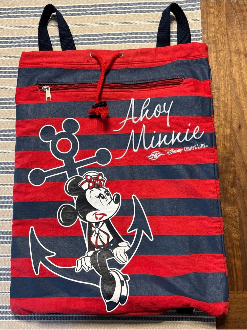 Disney Cruise Line "Ahoy Minnie" Red & Navy Striped Tote backpack cotton